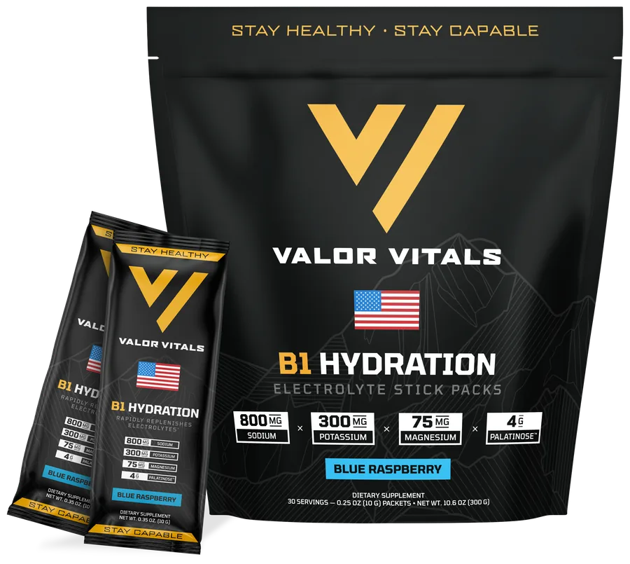 Valor Vitals B1 Blue Raspberry stick packs, the single-serving format that mixes into water